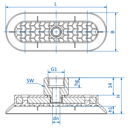 Овальная вакуумная присоска FIPA серии SM-OG чертеж B